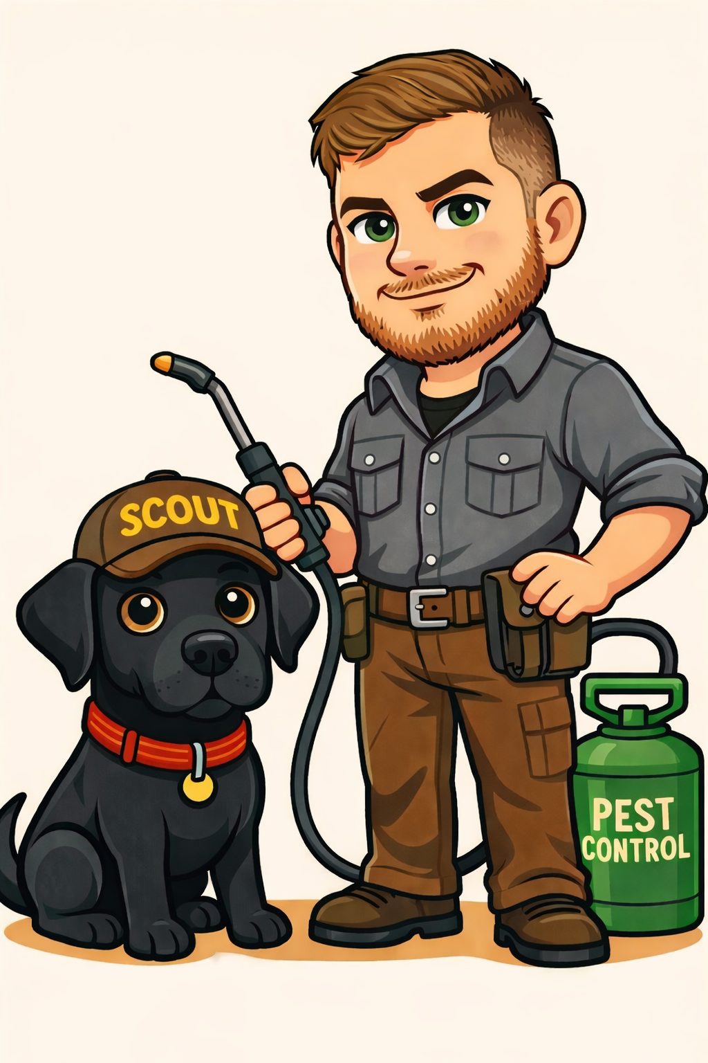 Cartoon dog and pest control tech.